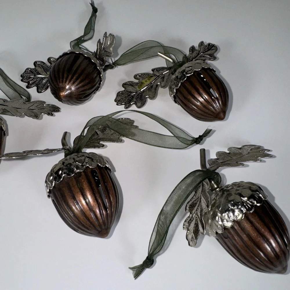Vintage Acorn Christmas Bell Ornament Lot 5 Metal Taiwan Silver & Bronze 2.5
